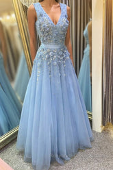 A Line V Neck Floral Light Blue Lace Long Semi Formal Prom Dresses, Light Blue Lace Formal Graduation Evening Dresses